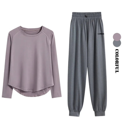 DRUR 2pcs Running Set Women Tracksuit Lightweight Loose Long Sleeve Sport Shirt Pants Sets 2 Piece Sportswear Outfit Gym Clothes