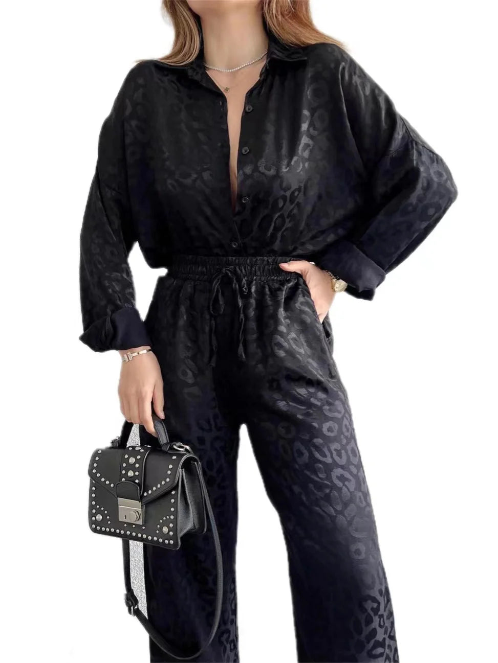 2024 Autumn White Satin Wide Leg Trousers Suit For Women Office Leopard Print Two-Piece Set Home Tracksuit Female Pajamas Sets.