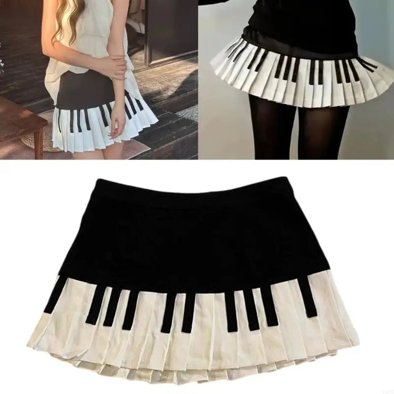 Y3NE Women Schoolgirl High Waist Pleated Flared Vintage Piano Print A Line Mini Skirt.