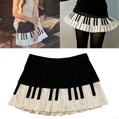 Y3NE Women Schoolgirl High Waist Pleated Flared Vintage Piano Print A Line Mini Skirt.