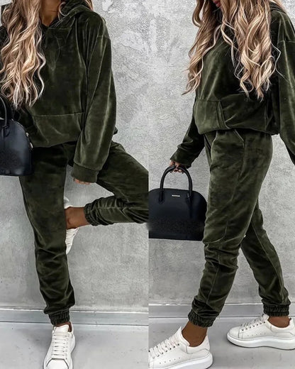 Autumn Winter Velvet Tracksuit Set Elegant Soft Pocket Pullover Top Female Loose Sweatsuit Pants Suit 2024 Two Piece Set Outfits