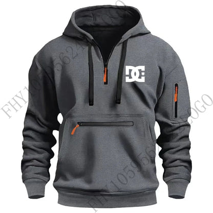 New men's hooded sportswear for autumn and winter 2025, long-sleeved multi-zipper pocket outdoor fishing casual pullover.