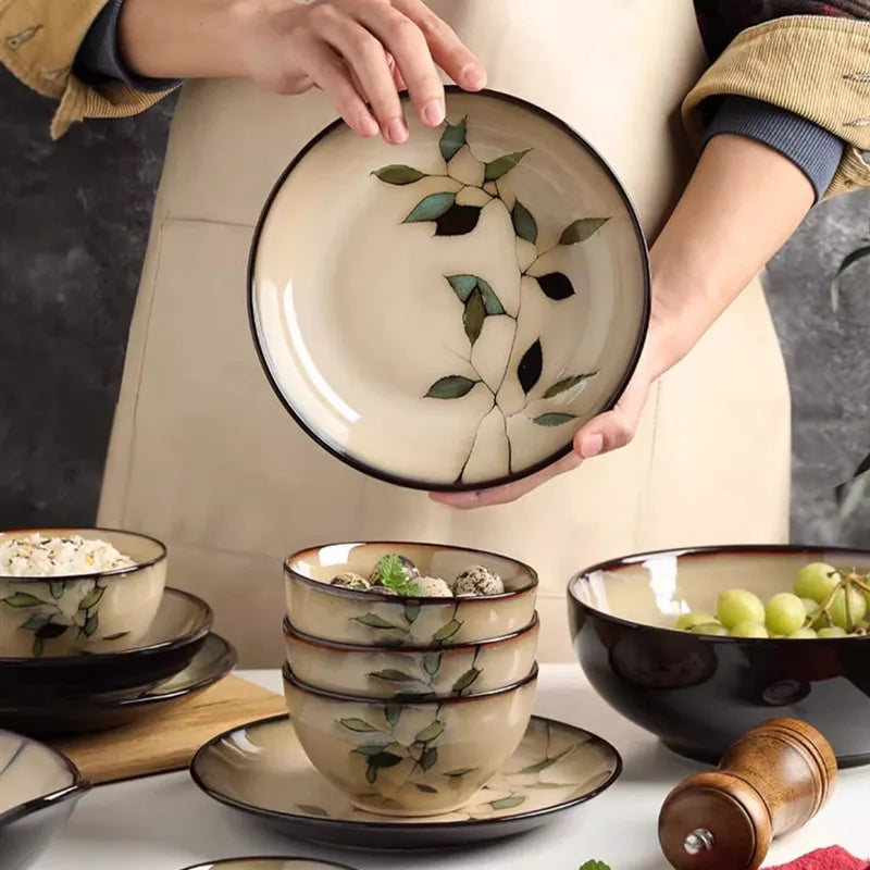 1Pc Vintage Bamboo Leaf Ceramic Bowl Salad Plate Exquisite Ceramic Cutlery Household Noodle Bowl Western Steak Cake Sushi Plate.