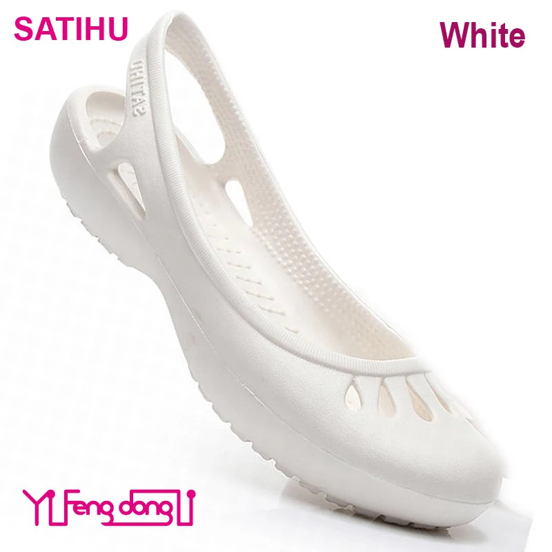 Certified Satihu Summer New Lightweight Anti Slip Hole Shoes  Clog For Women's Flat Bottom Sandals Nurse Outdoor Beach Jelly