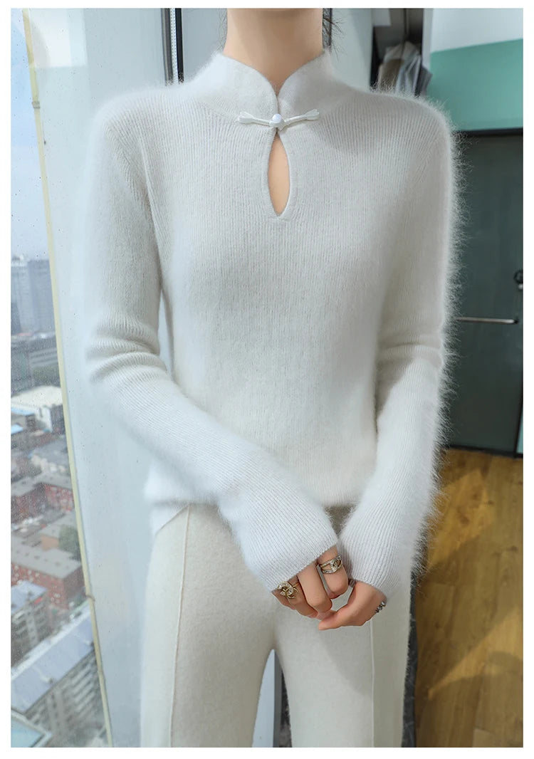 2024 autumn winter new 100% mink cashmere sweater women's pullover slim-fit long sleeve solid color stand collar bottom knitwear.