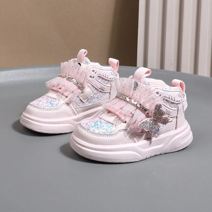 2025 New Autumn Children Shoes Leather Toddler Kids Sport Shoes Bling Bling Cute Butterfly Soft Sole Fashion Girls Sneakers.
