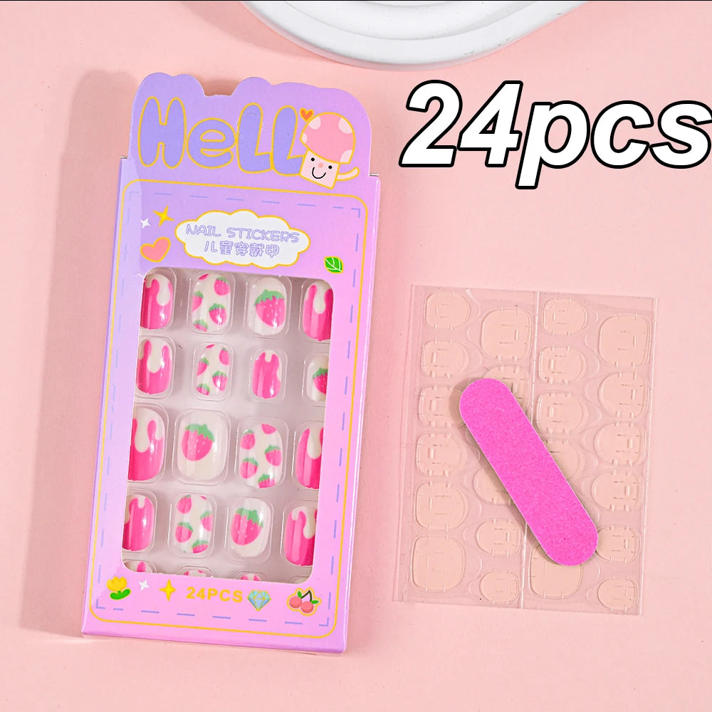 120pcs/box Pink Cartoon Children Press On Nails Candy Color Unicorn Cat Bunny Kids Full Cover False Nail Girls Party Nail Decora