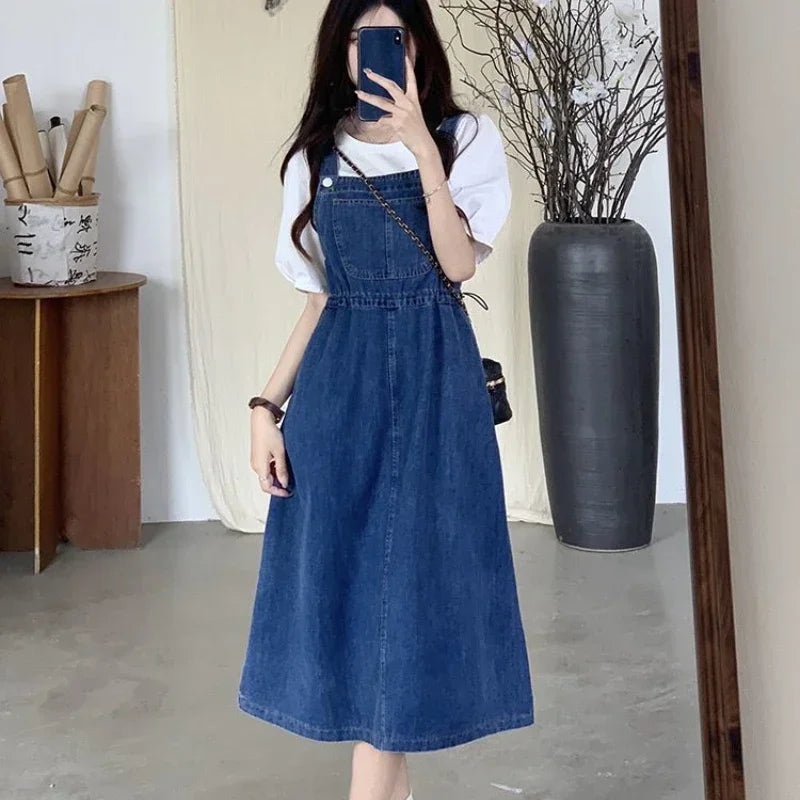 2025 Fashion Women Denim Suspender Skirt Spring Summer Causal Strap Female High Waist A-line Solid Lace-up Woman Skirt.