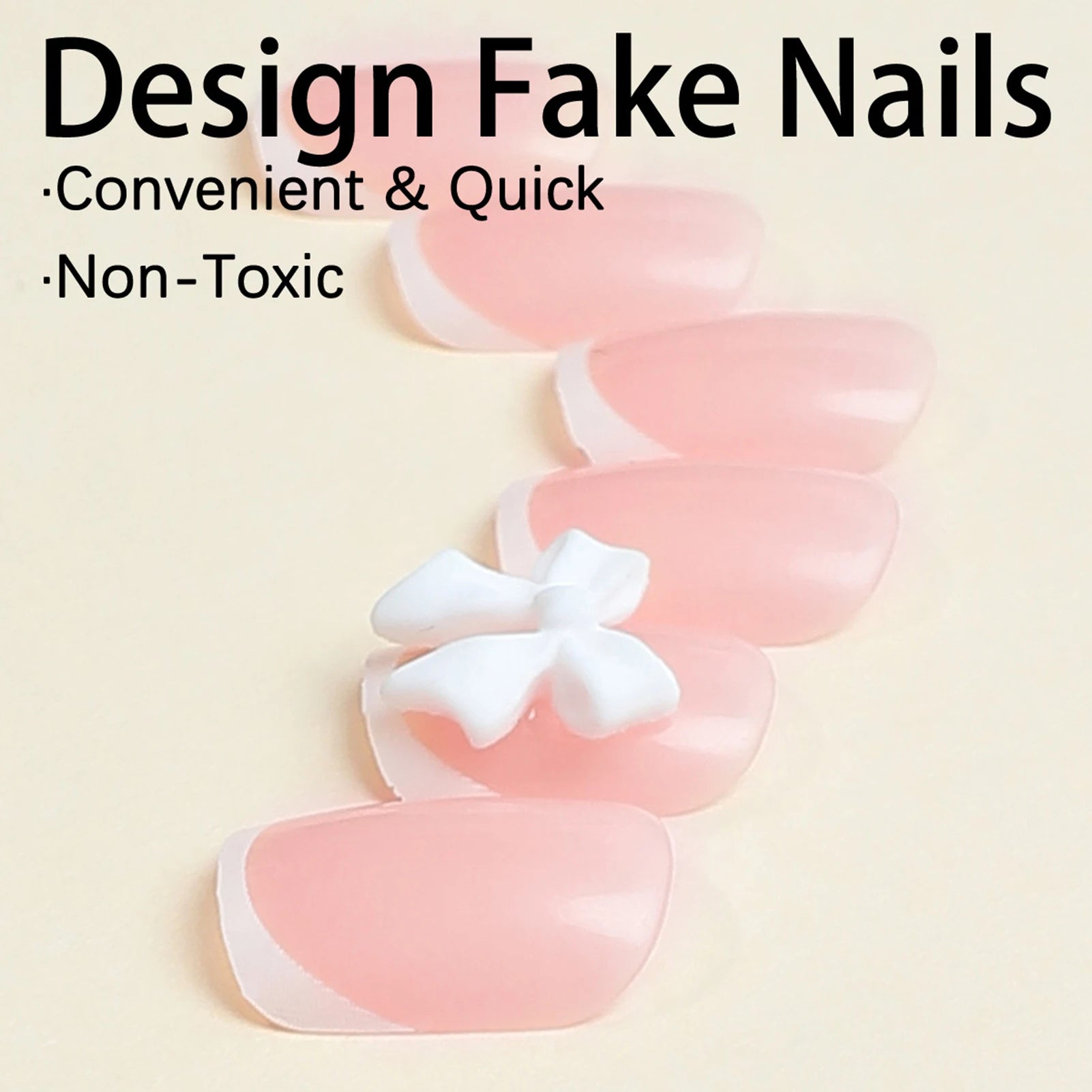 White French Press on Nails 3D Bowknot Fake Nails Tips Full Cover Wearable False Nails for Women and Girls DIY Manicure 24Pcs.