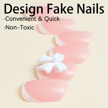 White French Press on Nails 3D Bowknot Fake Nails Tips Full Cover Wearable False Nails for Women and Girls DIY Manicure 24Pcs.