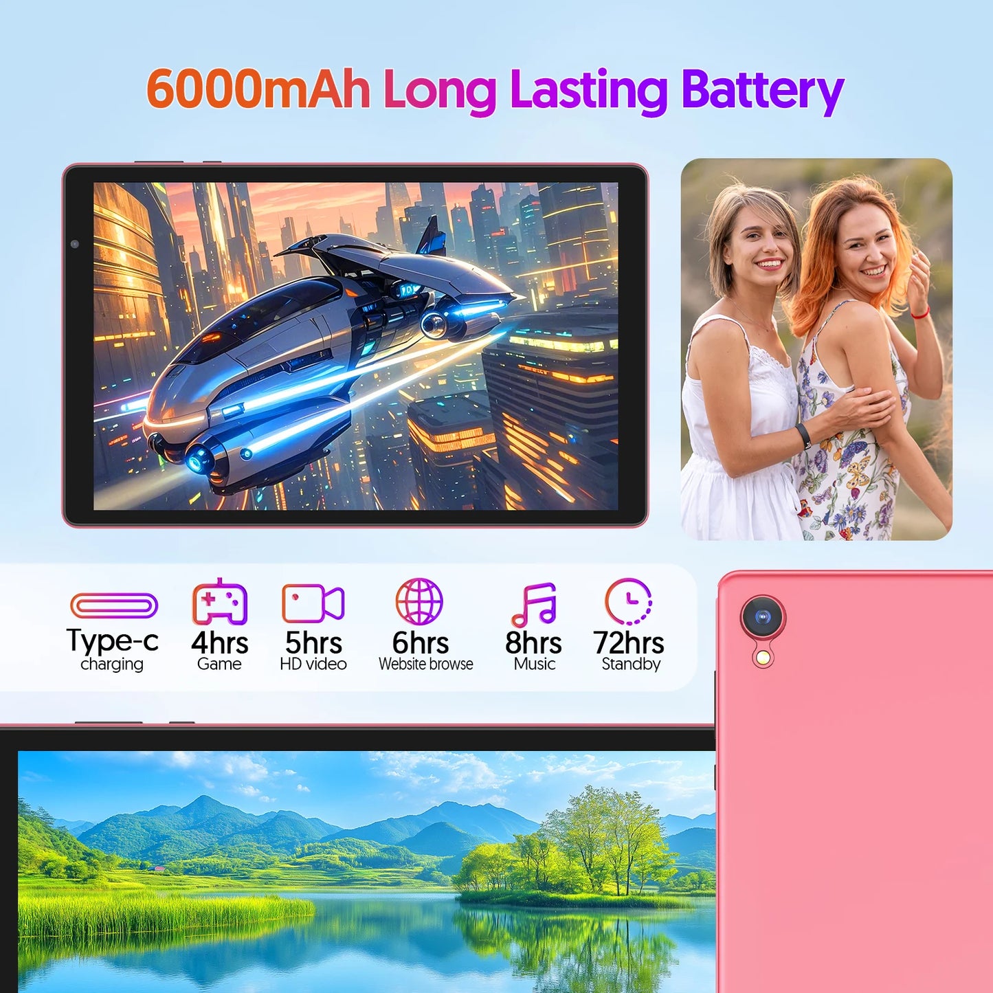 BAKEN 10-inch Android 14 Tablet, Quad-core Processor, 32GB Storage, Wi-Fi 6, Bluetooth, USB-C Port, Google Play Store (GMS).