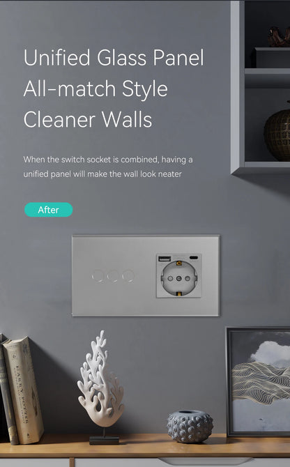 Bseed EU-Standard 1/2/3 Gang Licht-Touch-Schalter Home Wandschalter Graues Glas Sensorschalter Typ-C USB-Stromladebuchsen.