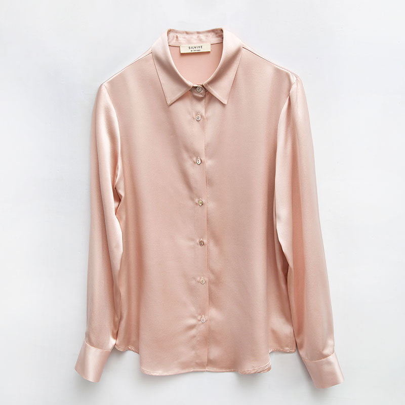 Women's French Style High Quality 40 MM Heavy Office Lady Solid Satin Silk Long Sleeve Shirt Ladies' Blouse.