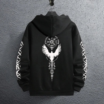 2025 Brand New Black Sweatshirts Autumn Winter Male Daily Casual Sporty Jogging Hoodie Men's Ancient Viking Raven Print Pullover.