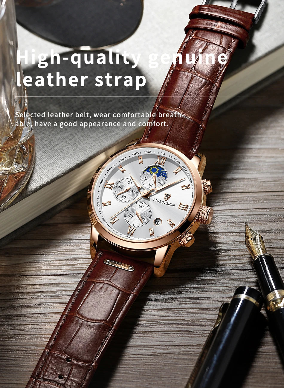 LIGE Luxury Fashion Women Watch Leather Strap Waterproof Casual Sport Quartz Wristwatch 24 hour Moon Phase Clock Watch for Women.