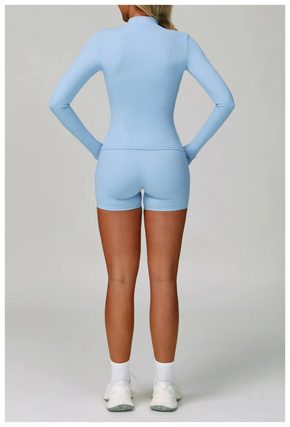 Yoga Shorts Set Women Sports Bra Long Sleeve Zipper Jacket Tight Fitting Pants Fitness Suit Outdoor Running 2PCS Workout Clothes.