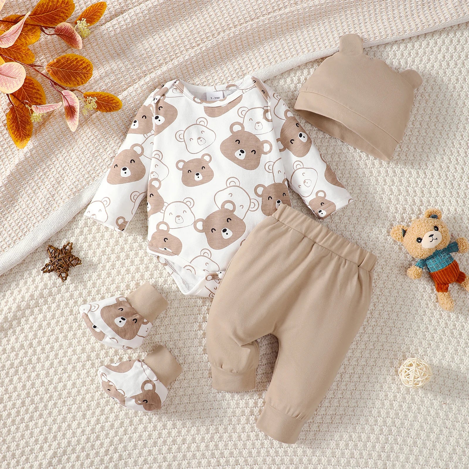 0-9 Months Baby Boy Set Little Bear Long Sleeve Bodysuit+Pants+Hat+Socks 4pcs/Set Baby Spring Autumn clothing Newborn set.