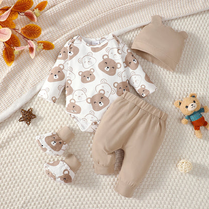 0-9 Months Baby Boy Set Little Bear Long Sleeve Bodysuit+Pants+Hat+Socks 4pcs/Set Baby Spring Autumn clothing Newborn set.