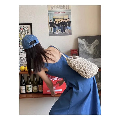 Blue Mist Love Französisches Jeanskleid für Damen, Sommer, einzigartiges Design, Taille, Cinching-Riemen, langes Kleid, elegante blaue Polyesterfaser