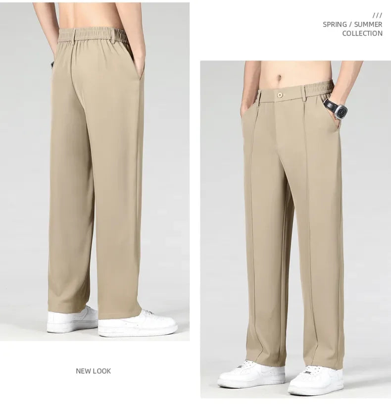 New Autumn Men's Business Straight Suit Trousers Elastic Waist Drape Loose Casual Stitching Khaki Black Pants Brand Clothing.