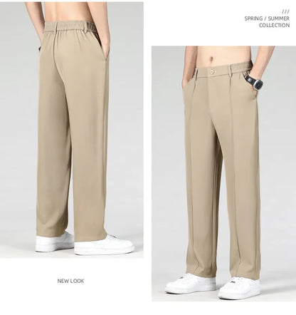 New Autumn Men's Business Straight Suit Trousers Elastic Waist Drape Loose Casual Stitching Khaki Black Pants Brand Clothing.