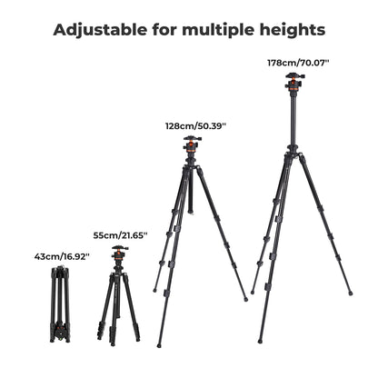 K&F Concept 178cm Lightweight Camera Tripod Cellphone Clip Travel DSLR Tripod for Nikon Canon Camera Outdoor Live Streaming Vlog.