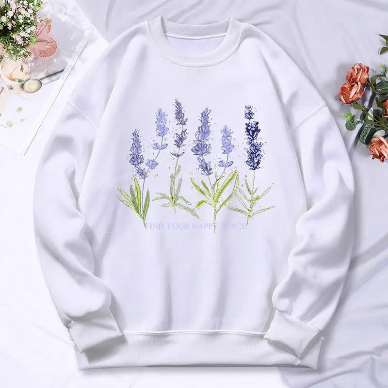 Beautiful Of Lavender Printing Women Hoodie Street Fleece Hoody Crew Neck Autumn Sweatshirt Hip Hop Oversize Clothing Female.