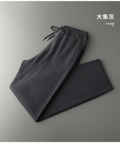 Classic Versatile 100% Cashmere Pants Men High Waist Knitted Straight Pants Solid Color Loose Thin Wide Leg Pants