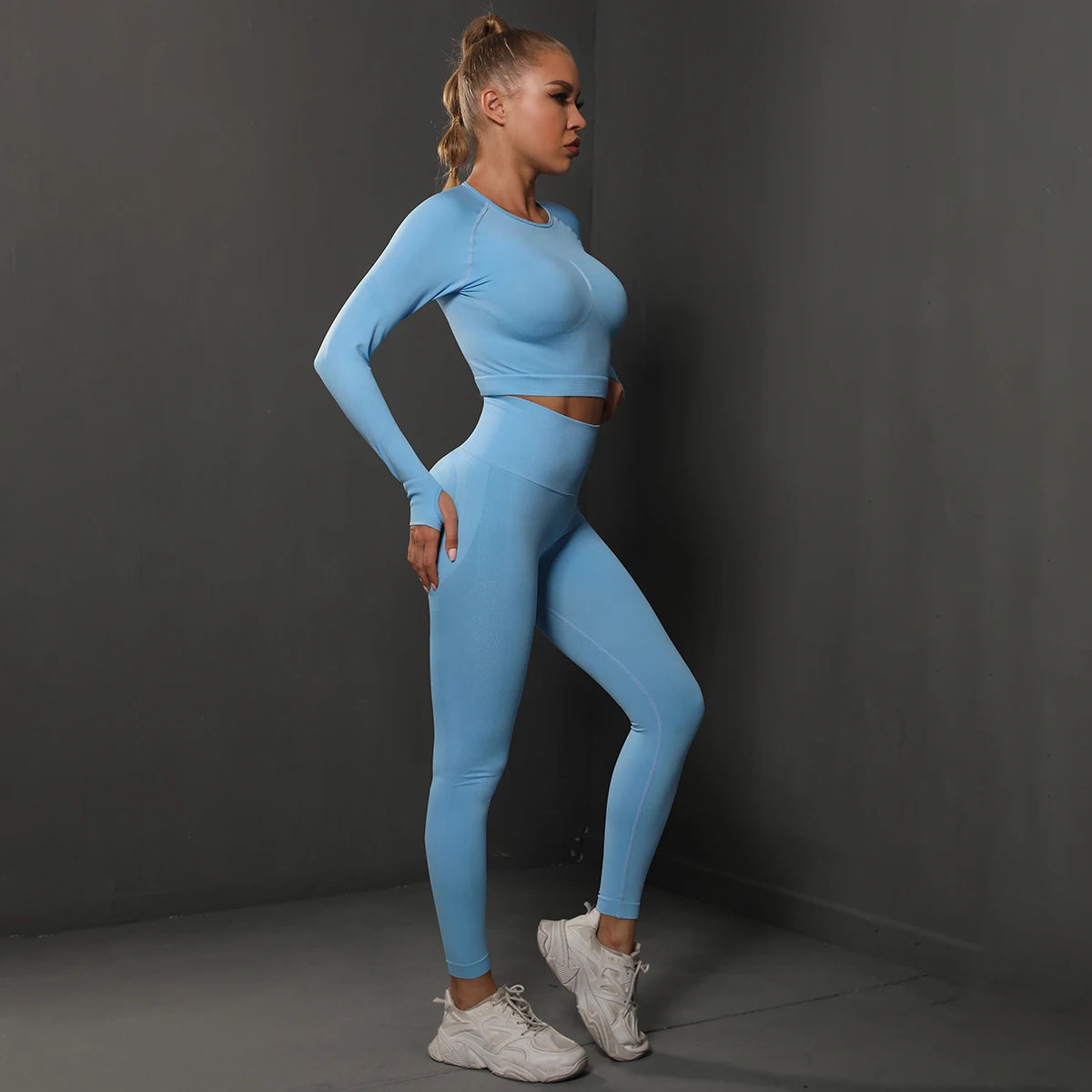 2Pcs Women Sets Energy Seamless Gym Suits Bubble Butt Sports Pants+Long Sleeve Shirts Push Up Running Sets Tracksuits Tights Set.
