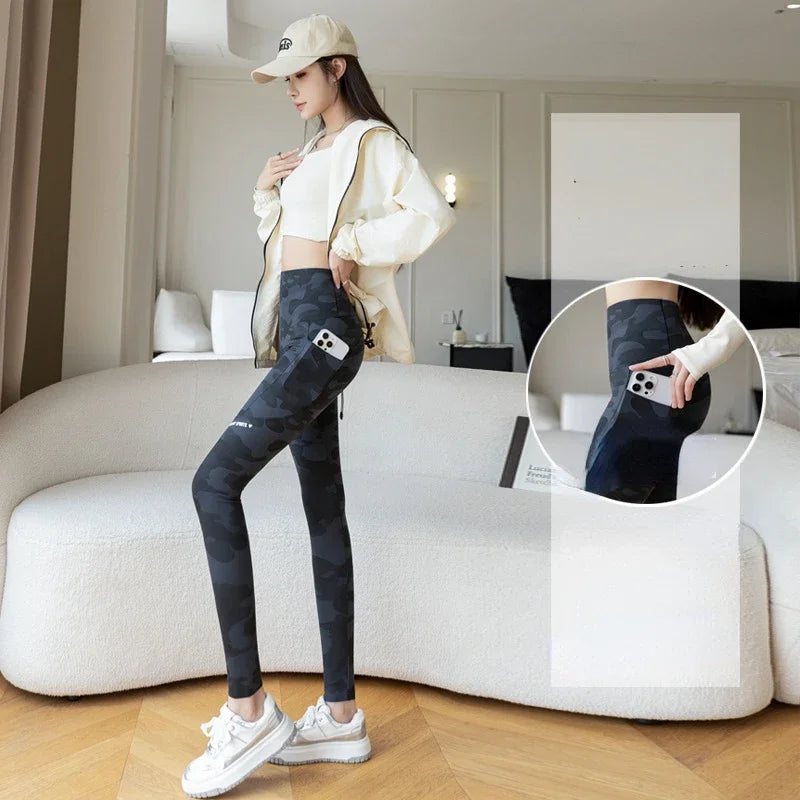 Women Camo Shark Pants High Waist Pocket Leggings Big Size Stretchy Casual Pants Fashion Skinny Yoga Fitness Pants.