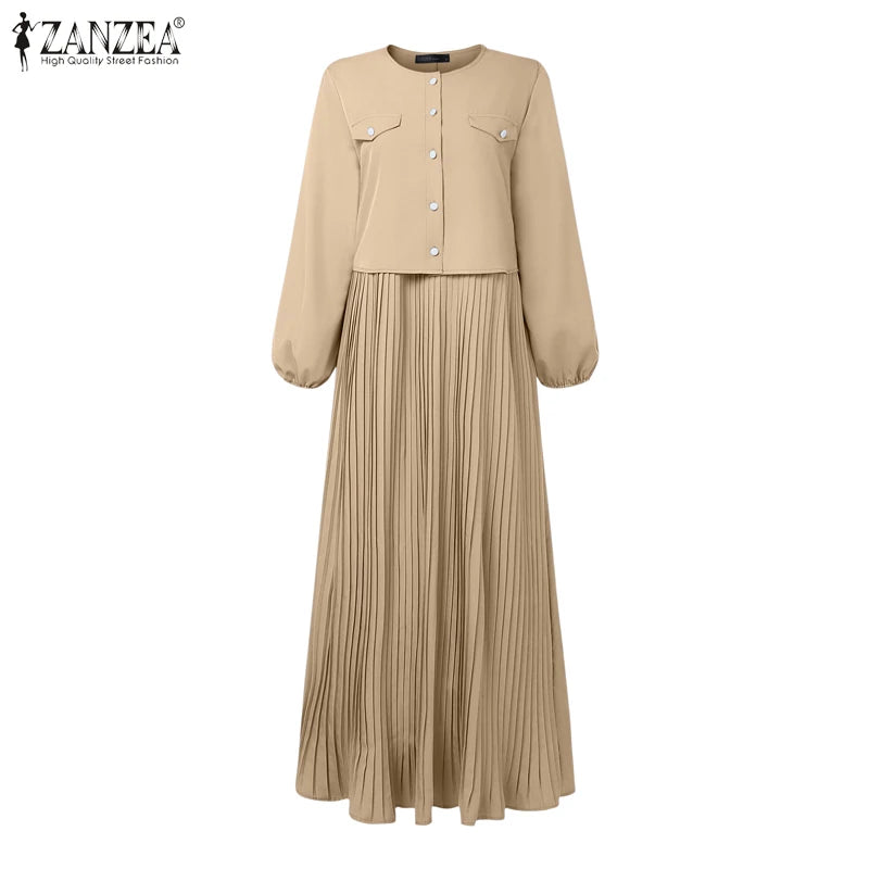 2025 ZANZEA Autumn Maxi Long Dress Women Elegant Long Sleeve Solid Pleated Sundress Patchwork Dresses Muslim Abaya Robe Femme