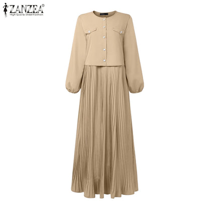 2025 ZANZEA Autumn Maxi Long Dress Women Elegant Long Sleeve Solid Pleated Sundress Patchwork Dresses Muslim Abaya Robe Femme