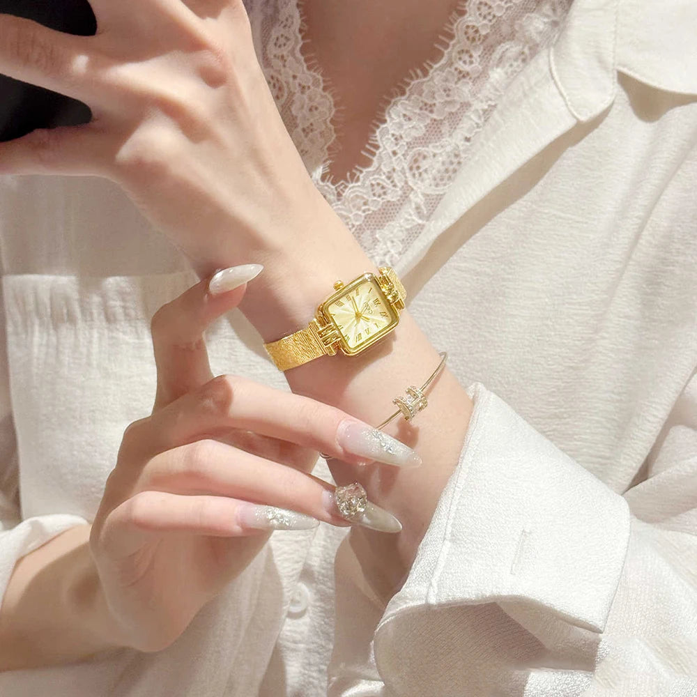 GEDI Gold Stainless Steel Quartz Watch Square Woman High-End Vintage Light Luxury Elegant Women's Wristwatches Gift.