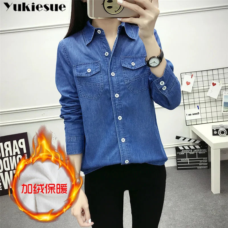 2022 Casual winter Autumn warm thick fleece denim Blouses Women Ladies Tops Women Blouses Long Sleeve Shirt clothe S-3XL.