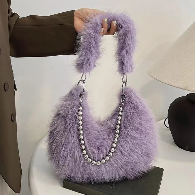 Luxurious Faux Fur Tote Bag Chic Underarm Shoulder Bag Stylish Handbag & Purse with Pearl Chain Strap, Polyester Lined Interior.