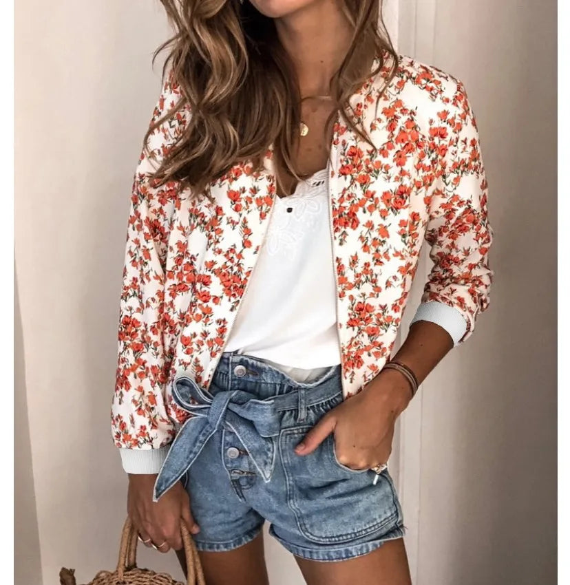 Women Elegant Zipper Bomber Jacket Spring Autumn Floral Printed Jackets Office Wear Slim Office Coat Retro Outwear.