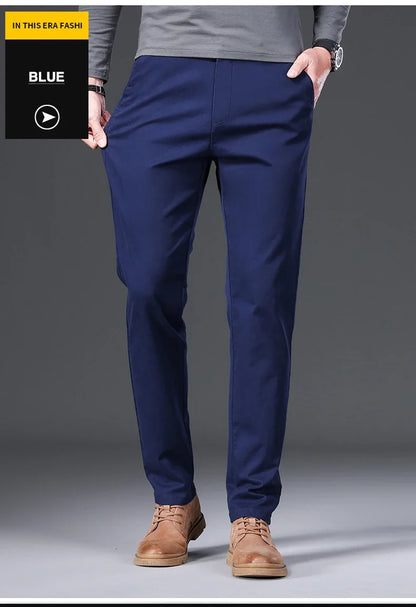 97% Cotton Men's Casual Pants Autumn Fashion Comfortable Elastic Slim Straight Business Trousers Black ArmyGreen Khaki.