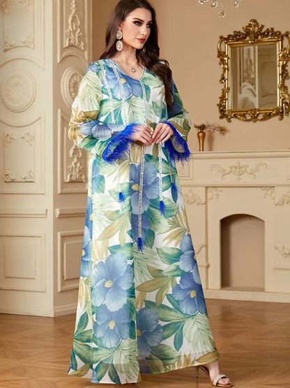 Siskakia Muslim Floral Print Dresses Women's Jalabiya Ramadan Elegant Casual Abayas Dubai Moroccan stylish Long Sleeves Kebaya.