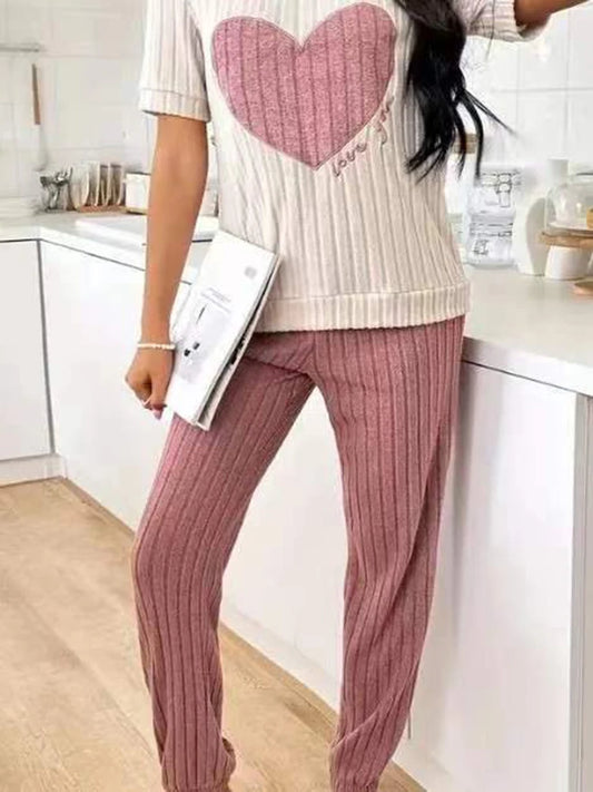Damen-Pyjama-Set im neuen Stil, Herzmuster, kurzärmeliges Hemd, Hose, zweiteilig, einfach und schön, lässige Heimkleidung