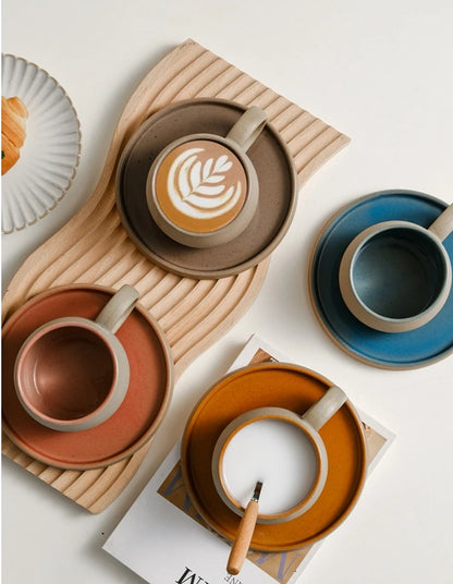 Retro Coarse Pottery Mug and Saucer Combination Japanese Coffee Cup Set Nordic Afternoon Tea Breakfast Cup Latte Coffee Mug.