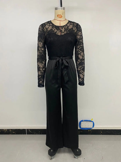 Woman Black Lace Sleeve Jumpsuit Round Neck Belted Waist Ideal for Evening Parties and Cocktail Events