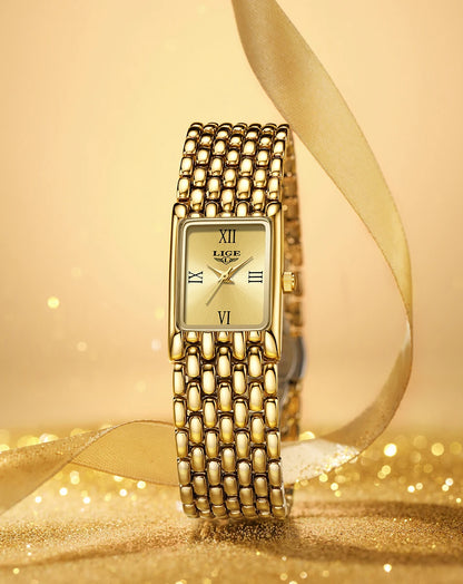 LIGE Silver Watch for Women Square Ladies Quartz Wristwatches Stainless Steel Women Small Gold Watch Luxury Casual Fashion Watch.