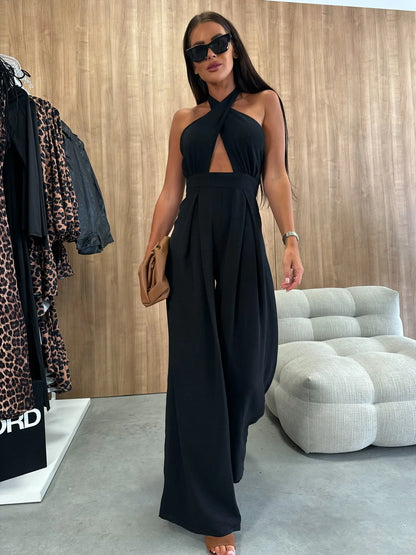 2025 Summer Female Jumpsuits Solid Color Hollow Out But Cross Halter Collar Backless Sexy Lady Wide Legs Jumpsuit Long Pants