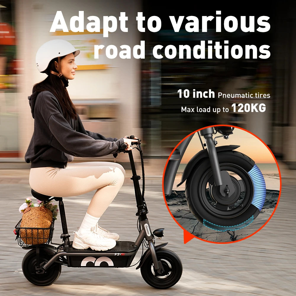 iScooter - F2 Electric Scooter with 500W Motor, 36V 7.8Ah Battery, 10-inch Tires, Adult Foldable Electric Scooter with Seat.