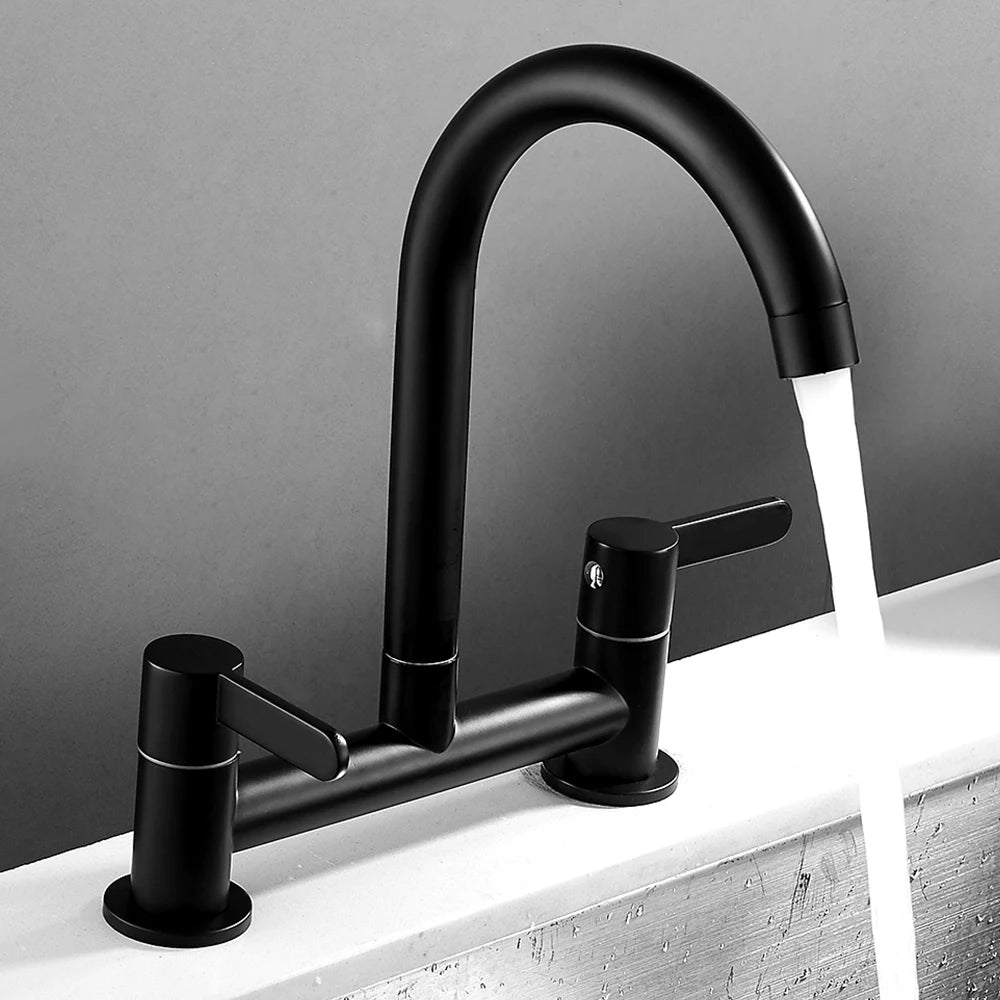 Modern Double Lever Sink Faucet Kitchen Hot Cold Wash Mix Sink Mixer Taps 360° Swivel Spout Kitchen Two Seat Elbow Faucet Filter