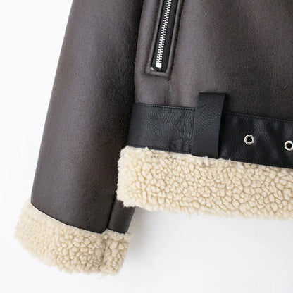 TRZA-Damen-Jacke aus dickem, warmem Wildleder mit Gürtel, langärmlige Mäntel, Kunstscheren, weibliche Oberbekleidung, schicke Oberteile, Wintermode
