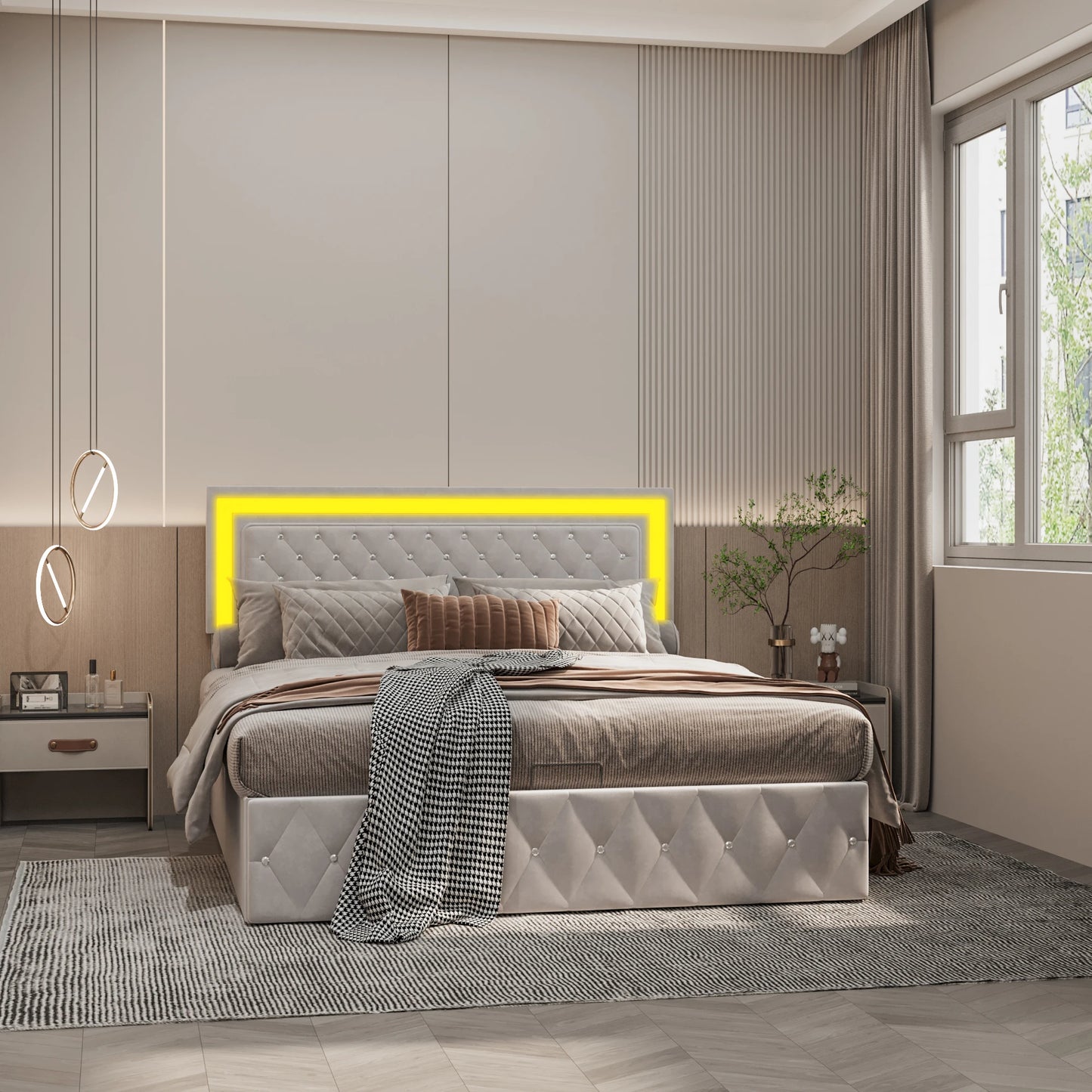 Creahappy Polsterbett – Doppelbett – verstellbares Kopfteil mit Hydraulikverschluss, Premium-Samtstoff – Beige