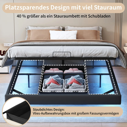 Lazyspace Bettgestell 160 x 200 cm mit LED-Beleuchtung und Stauraum, schwebender Bettrahmen mit Metalllattenrost, ohne Matratze