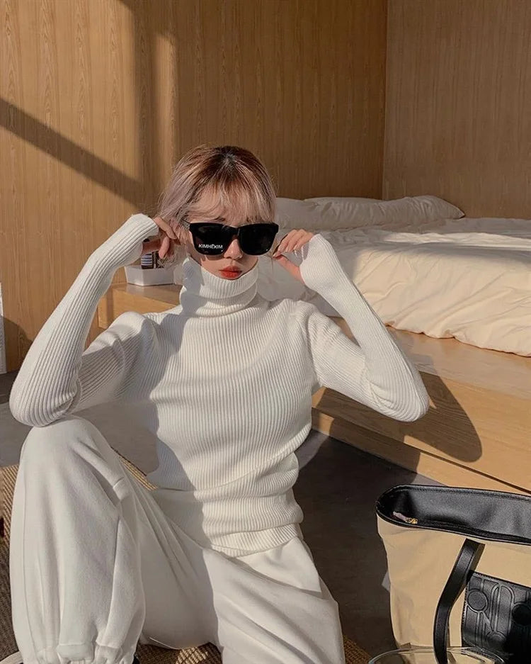 Neue Herbst Winter Grundlegende Gestrickte Tops Frauen Rollkragen Pullover Casual Pullover Koreanische Mode Einfache Mit Daumen Löcher Chic Kleidung.