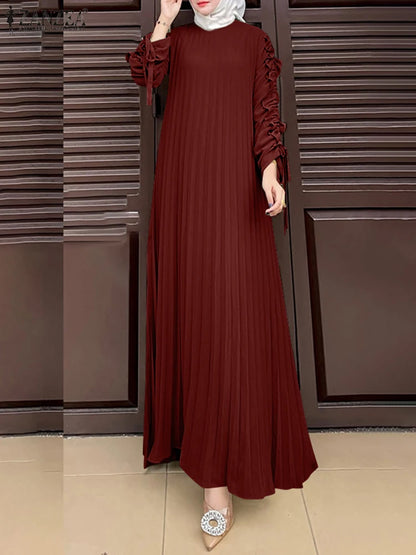 Muslim Hijab Dresses Abaya ZANZEA Spring Maxi Sundress Women Fashion Long Sleeve Pleated Party Dress IsIamic Clothing Robe Femme.